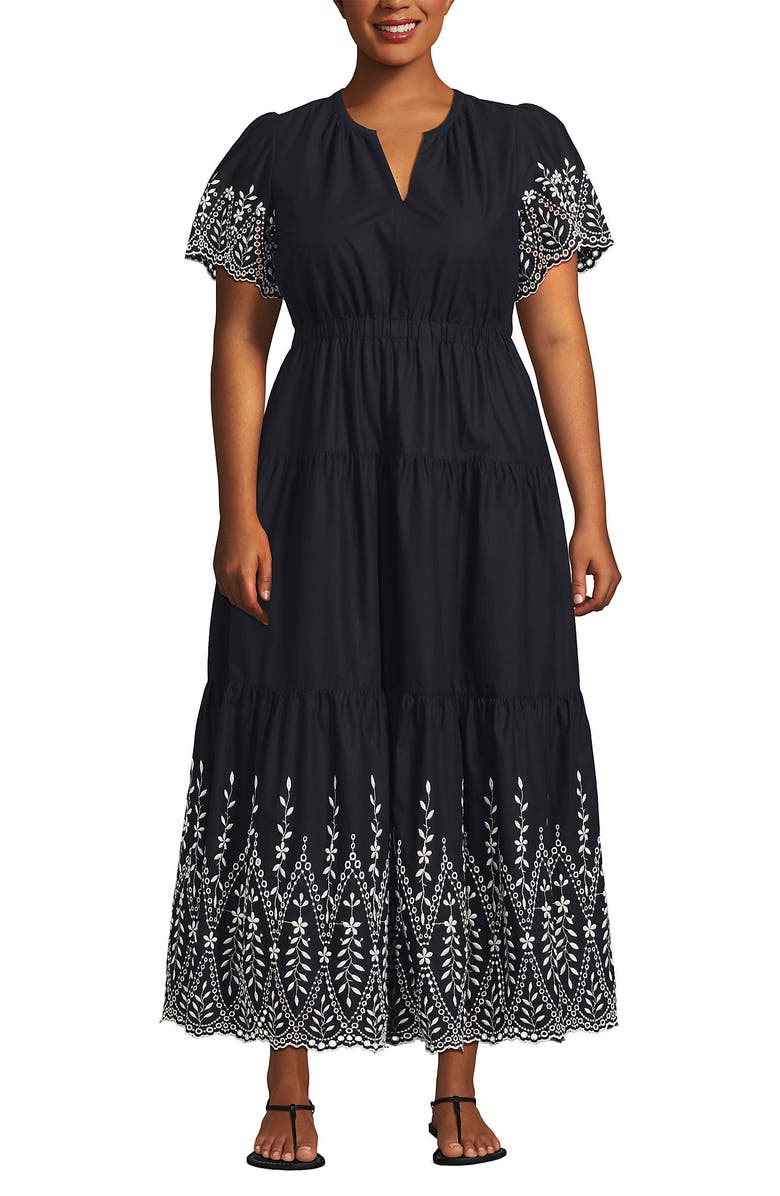 Lands' End Tiered Cotton Poplin Eyelet Maxi Dress, Main, color, 