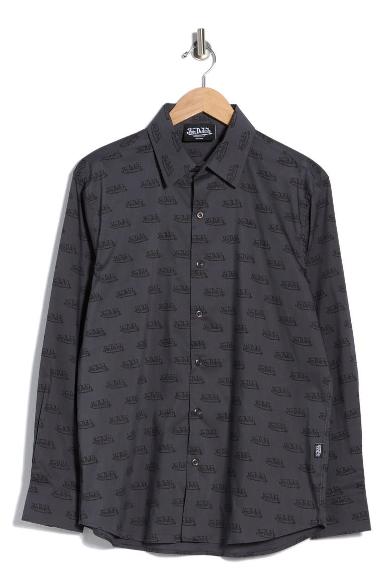 Logo Print Button-Up Shirt, Alternate, color, DK GREY BLACK