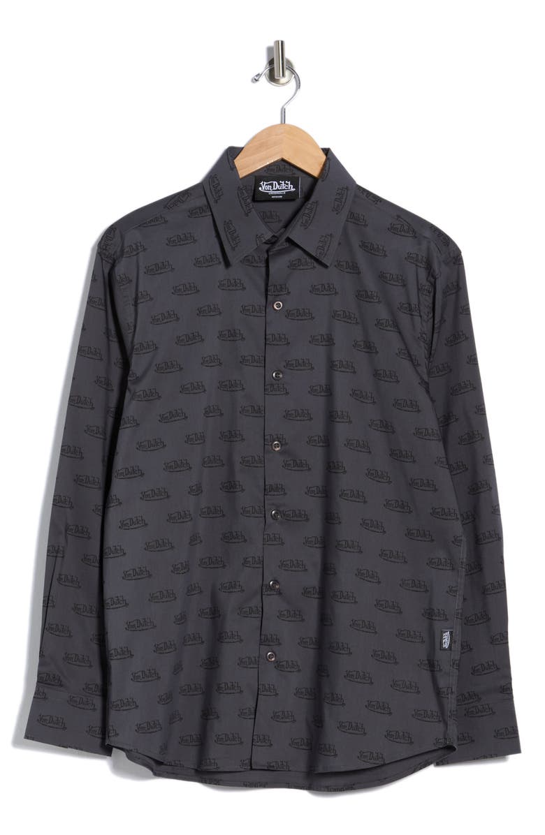 Von Dutch Logo Print Button-Up Shirt, Main, color, Dk Grey Black