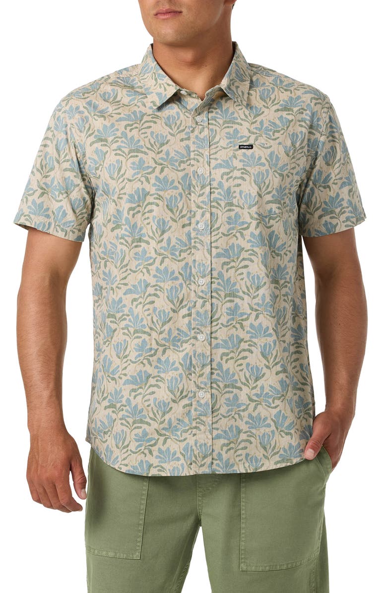 O'Neill Terrace Print Short Sleeve Button-Up Shirt, Main, color, Light Khaki