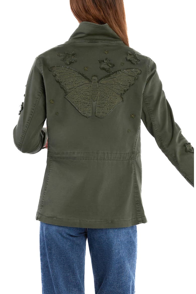 Butterfly Embroidery Cotton Blend Jacket, Alternate, color, ARMY