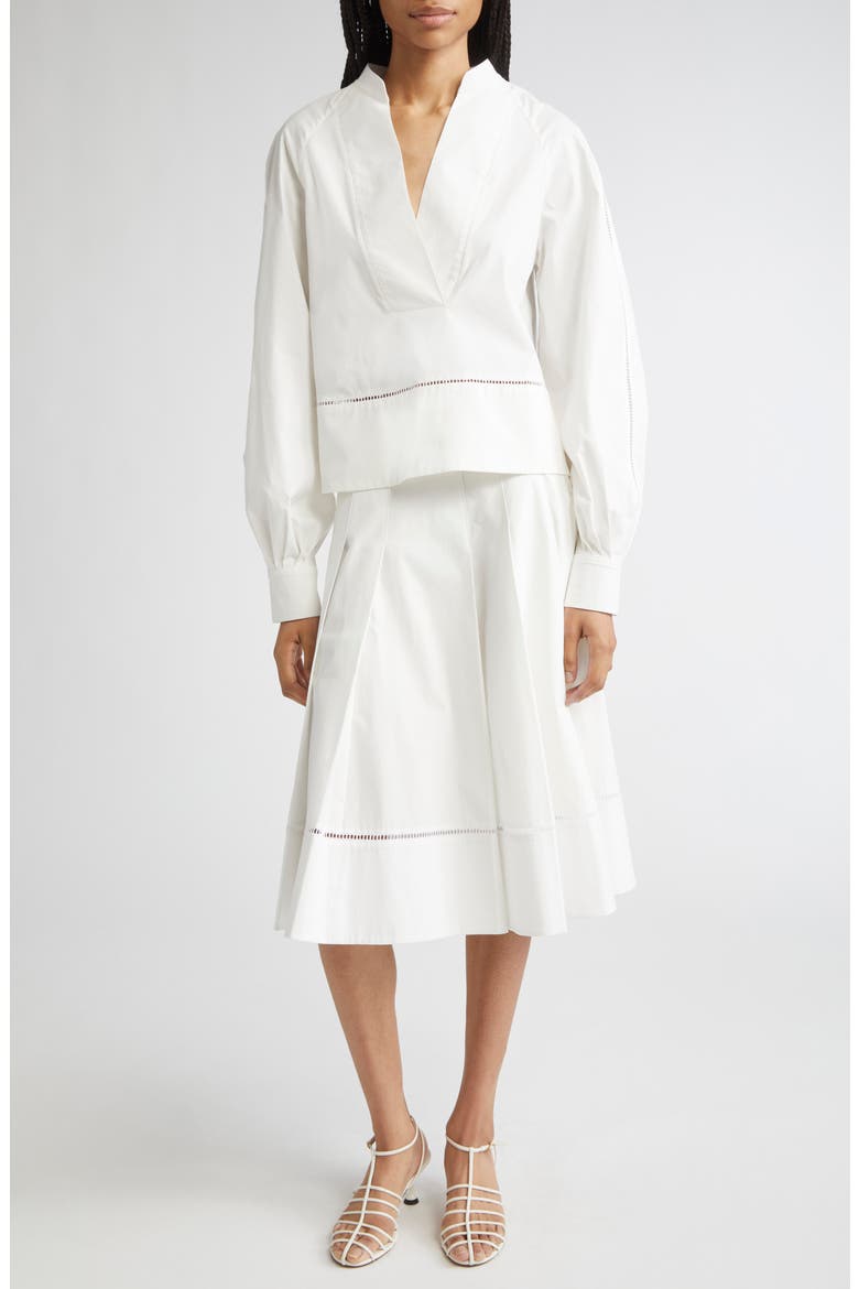 Laci Ladder Stitch Inset Pleated Stretch Cotton Poplin Skirt, Alternate, color, WHITE
