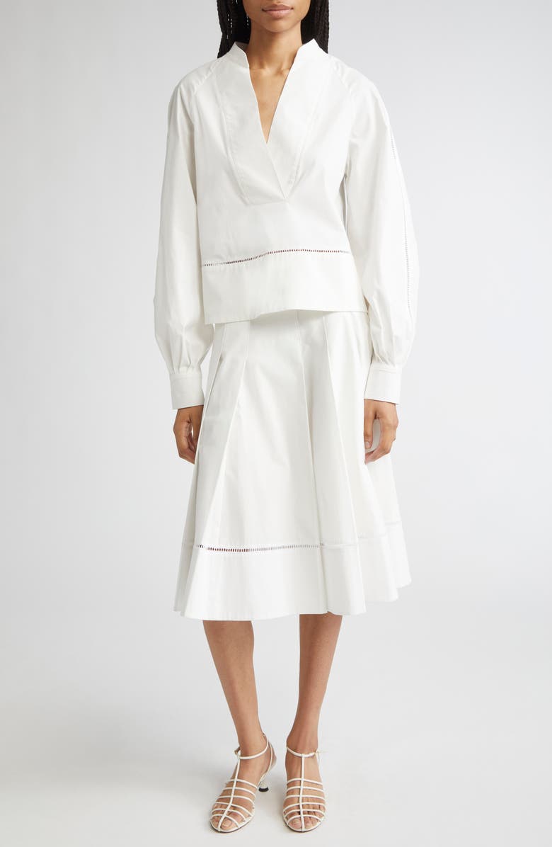 Proenza Schouler Laci Ladder Stitch Inset Pleated Stretch Cotton Poplin Skirt, Alternate, color, White
