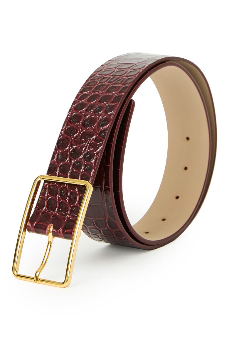 Milla Croc Embossed Leather Belt, Alternate, color, MERLOT GOLD