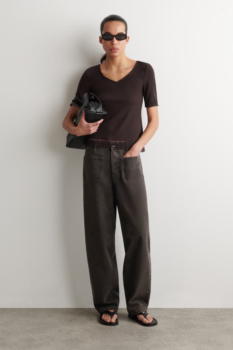 Lace-Trimmed Ribbed V-Neck T-Shirt, Alternate, color, DARK BROWN