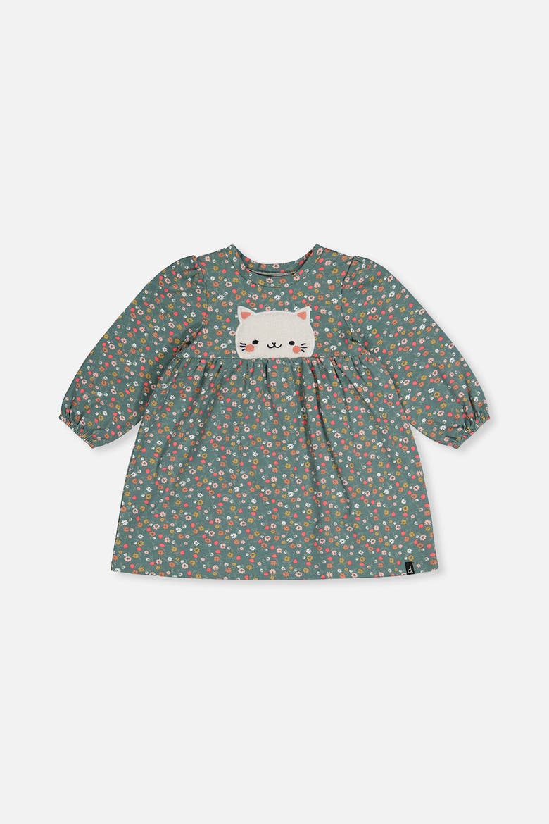 Organic Cotton Fleece Cat Gathered Skirt Dress, Main, color, Green Floral Print