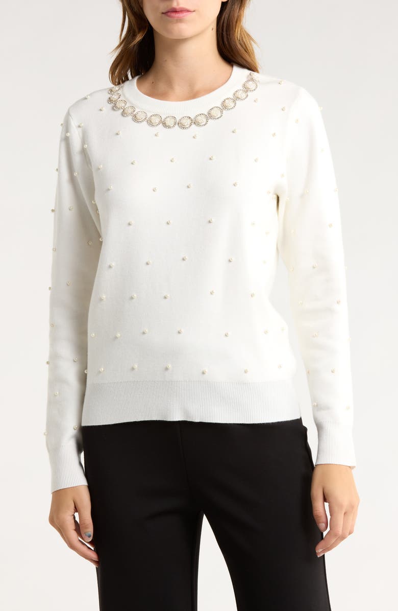 BY DESIGN Faux Pearl Embellished Sweater, Main, color, Ivory