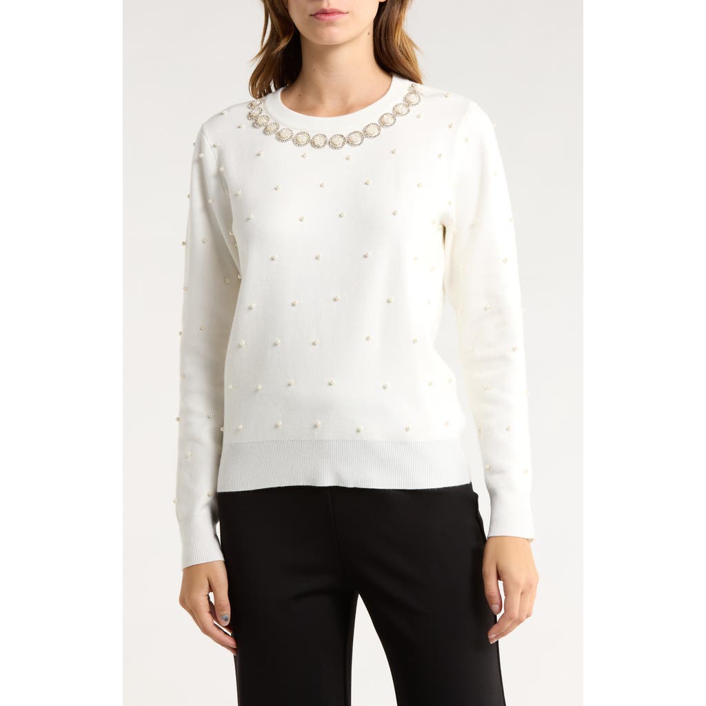 By Design Faux Pearl Embellished Sweater In White