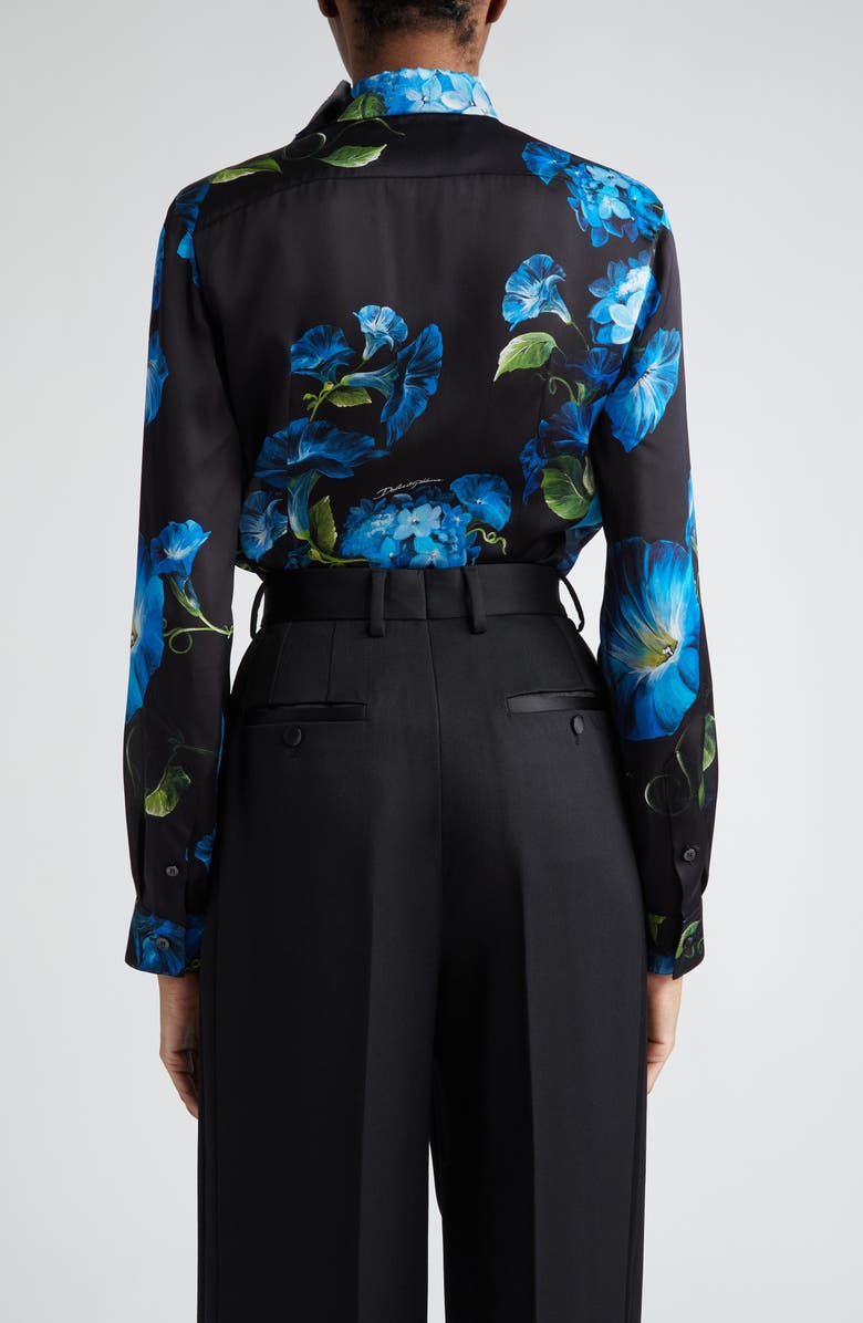 Dolce&Gabbana Bluebell Floral Print Tie Neck Silk Satin Shirt with Detachable Appliqué, Alternate, color, Nero