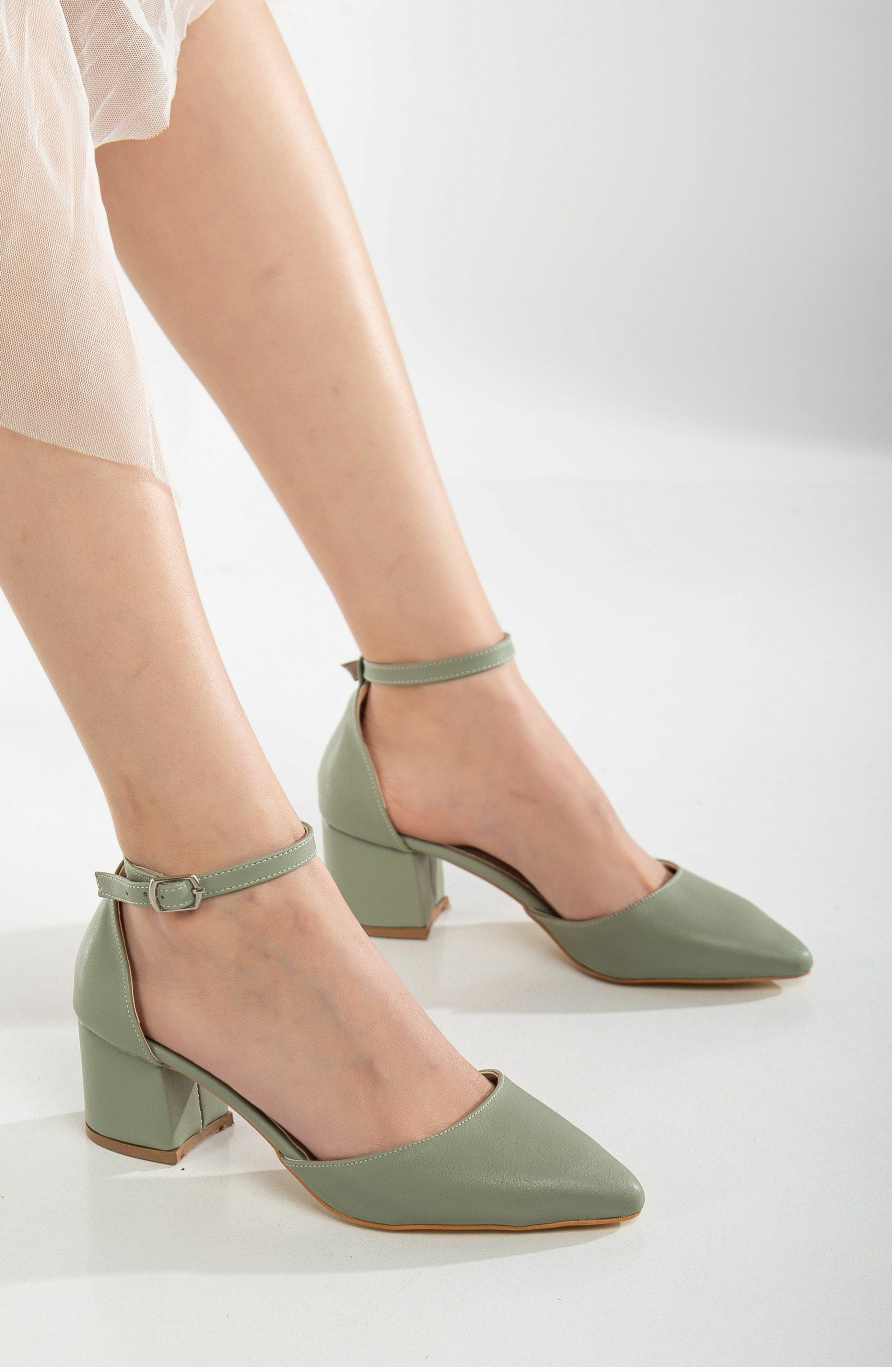 Forever & Always Shoes Miranda Low Block Heels with Pearls, Alternate, color, Sage Green Faux Leather