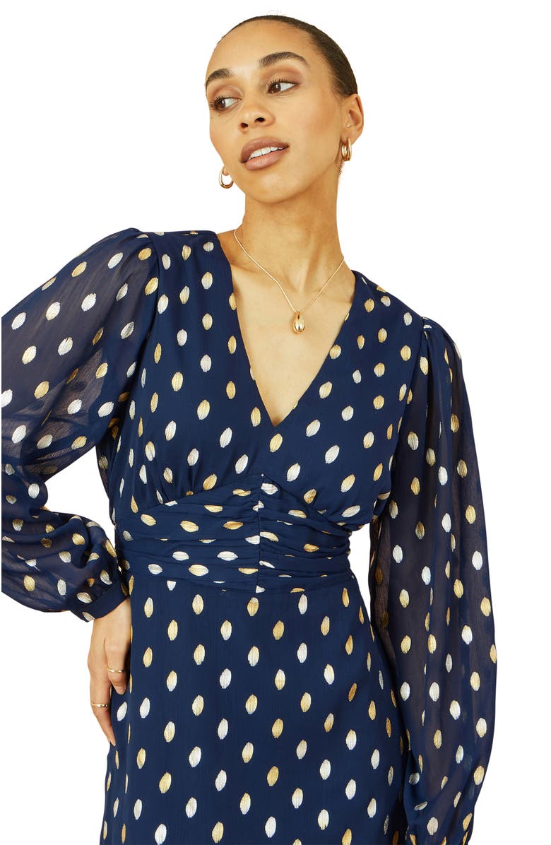 Yumi Elegant Foil Print Midi Dress, Alternate, color, Navy