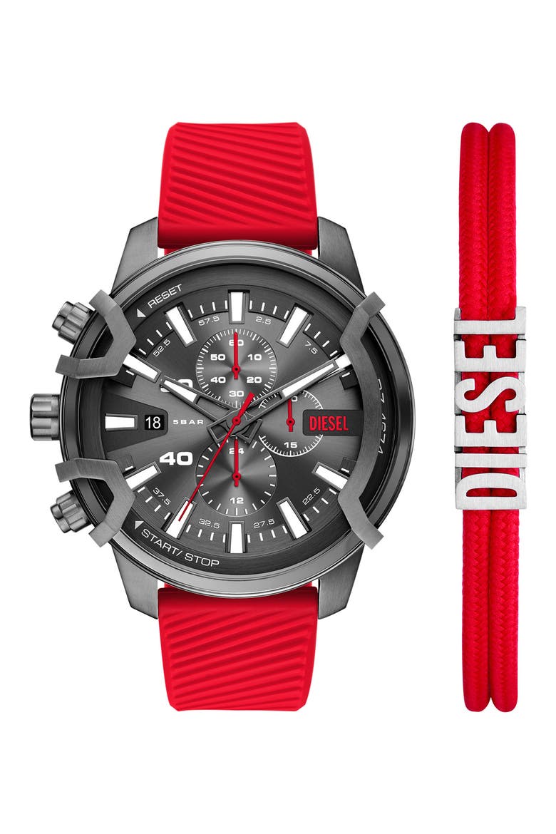 Griffed Chronograph Silicone Strap Watch, 48mm, Main, color, GUNMETAL