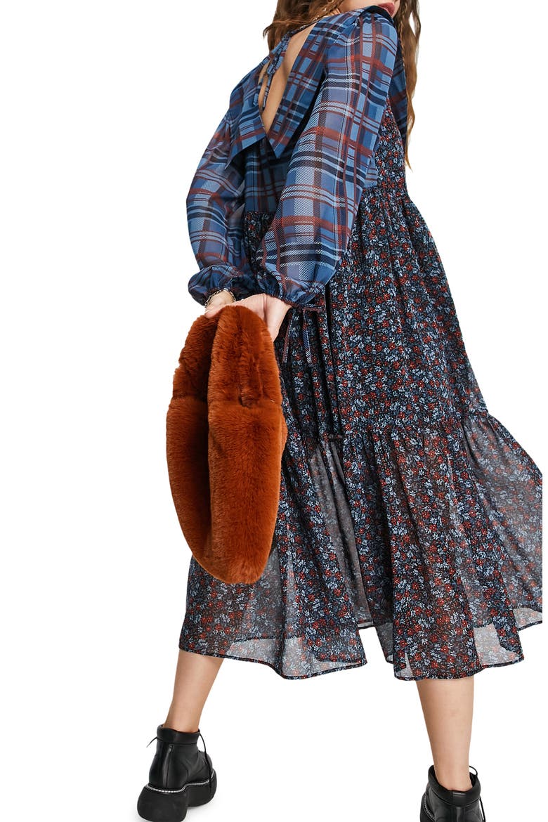 Long Sleeve Plaid & Floral Dress, Alternate, color, BLUE