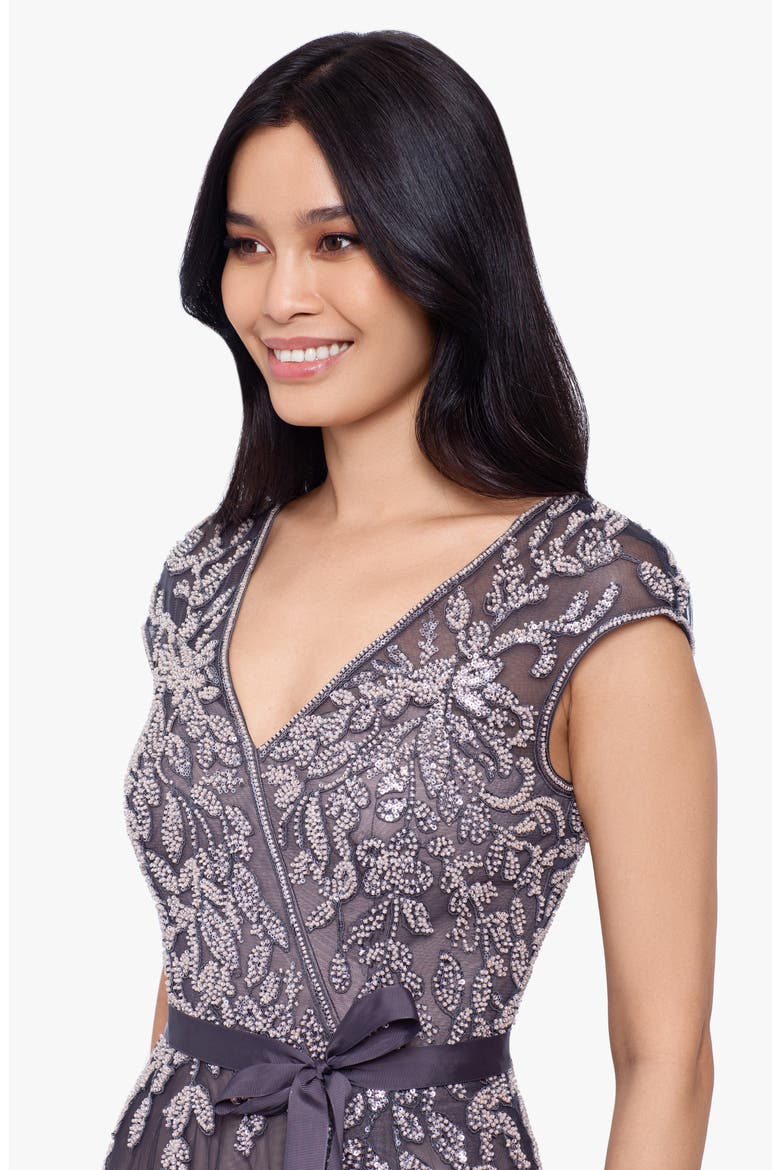 Beaded Fit & Flare Cocktail Dress, Alternate, color, GREY/ BLUSH