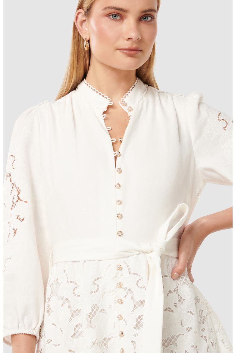 Embroidered Tie Waist Long Sleeve Mini Shirtdress, Alternate, color, IVORY