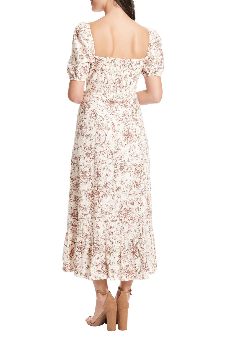 Puff Sleeve Midi Dress, Alternate, color, IVORY/ BROWN