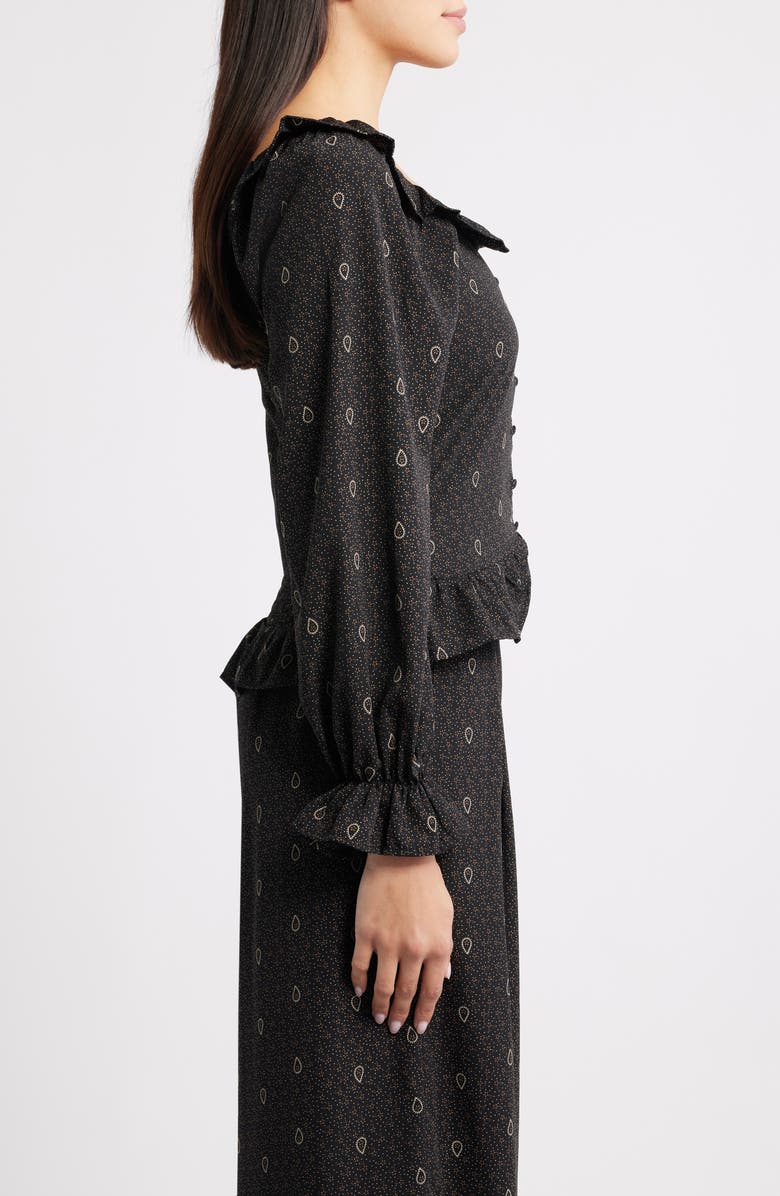 Bobeau Ruffle Trim Crop Button-Up Shirt, Alternate, color, Navy/ Curry Ditsy