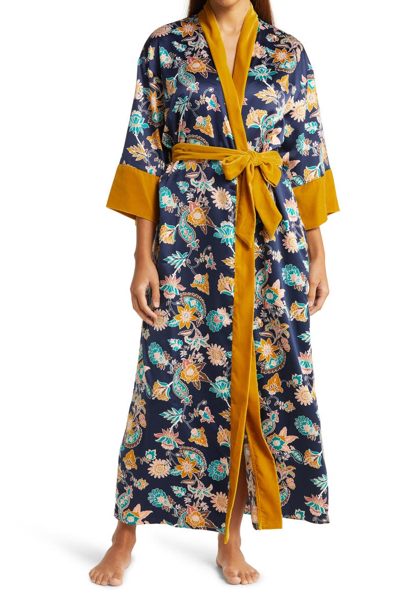 Velveteen Trim Satin Robe, Main, color, NAVY PEACOAT PAISLEY FLORAL