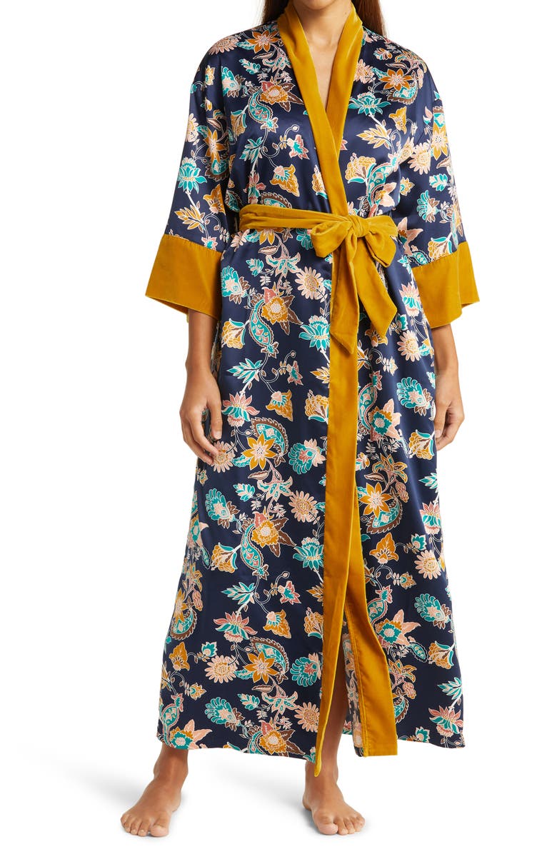 Nordstrom Velveteen Trim Satin Robe, Main, color, Navy Peacoat Paisley Floral