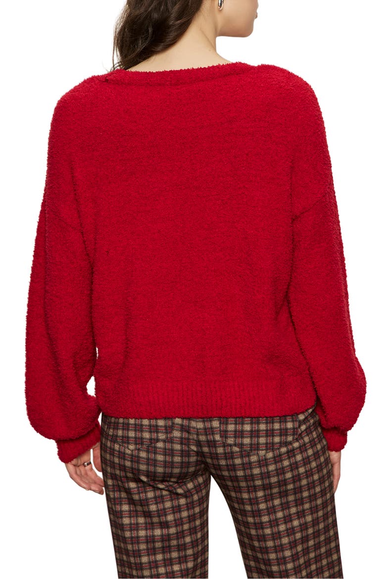 Teddy Fleece V-Neck Sweater, Alternate, color, CHERRY RED