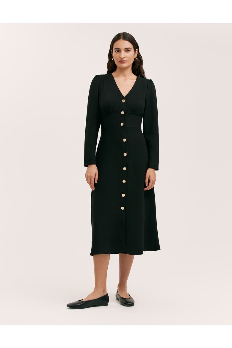 Caprice Long Sleeve Crepe Midi Dress, Main, color, Black