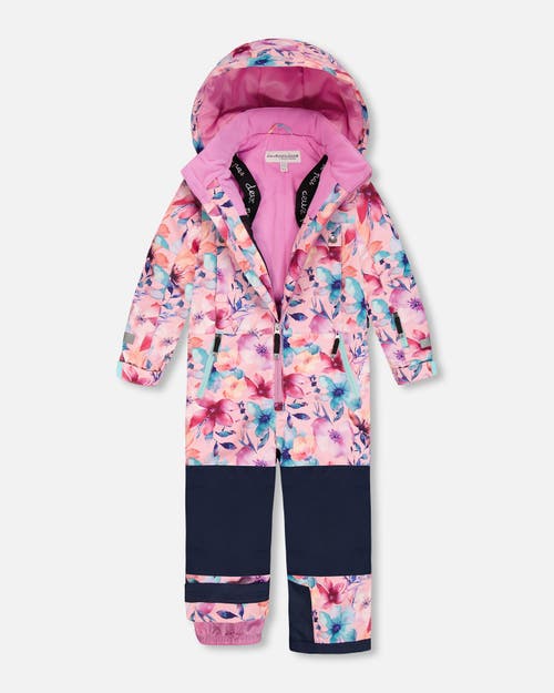 Deux Par Deux One-piece Teknik Snowsuit Watercolor Flower In Pink
