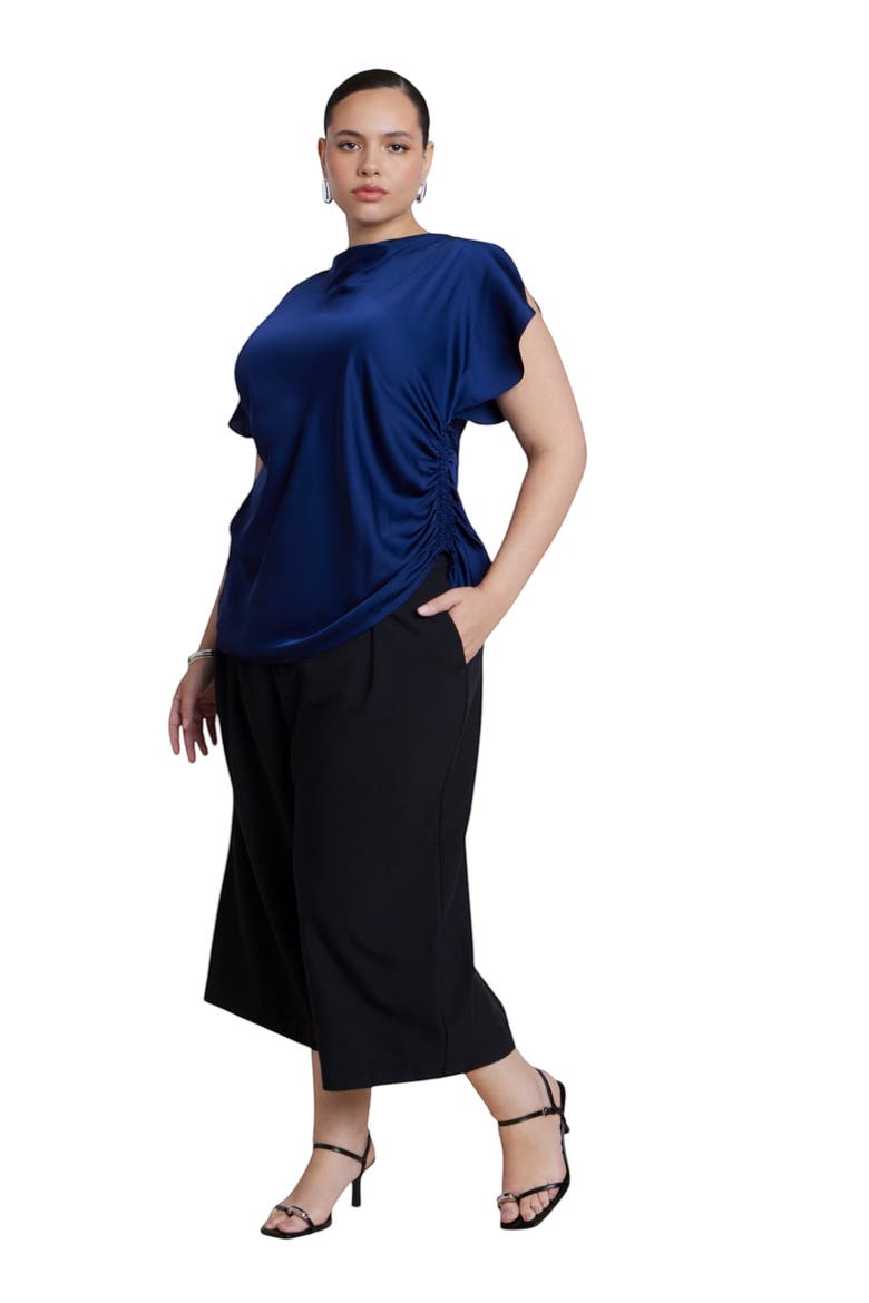 Flutter Sleeve Draped Satin Top, Alternate, color, INKLING