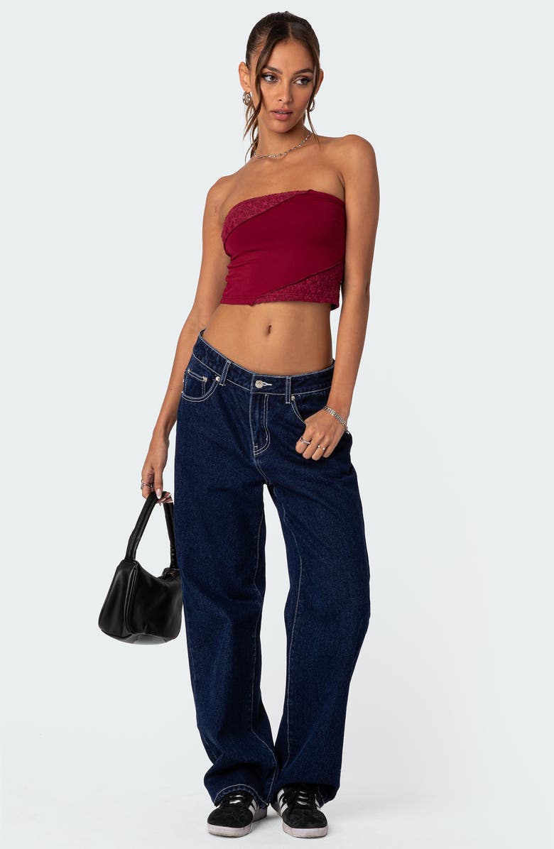 EDIKTED Lace Patchwork Crop Tube Top, Alternate, color, Burgundy