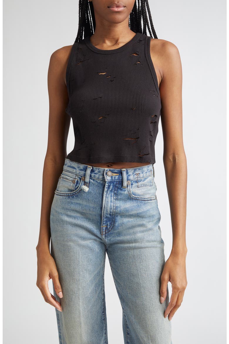 Distressed Cotton Crop Tank, Main, color, BLACK