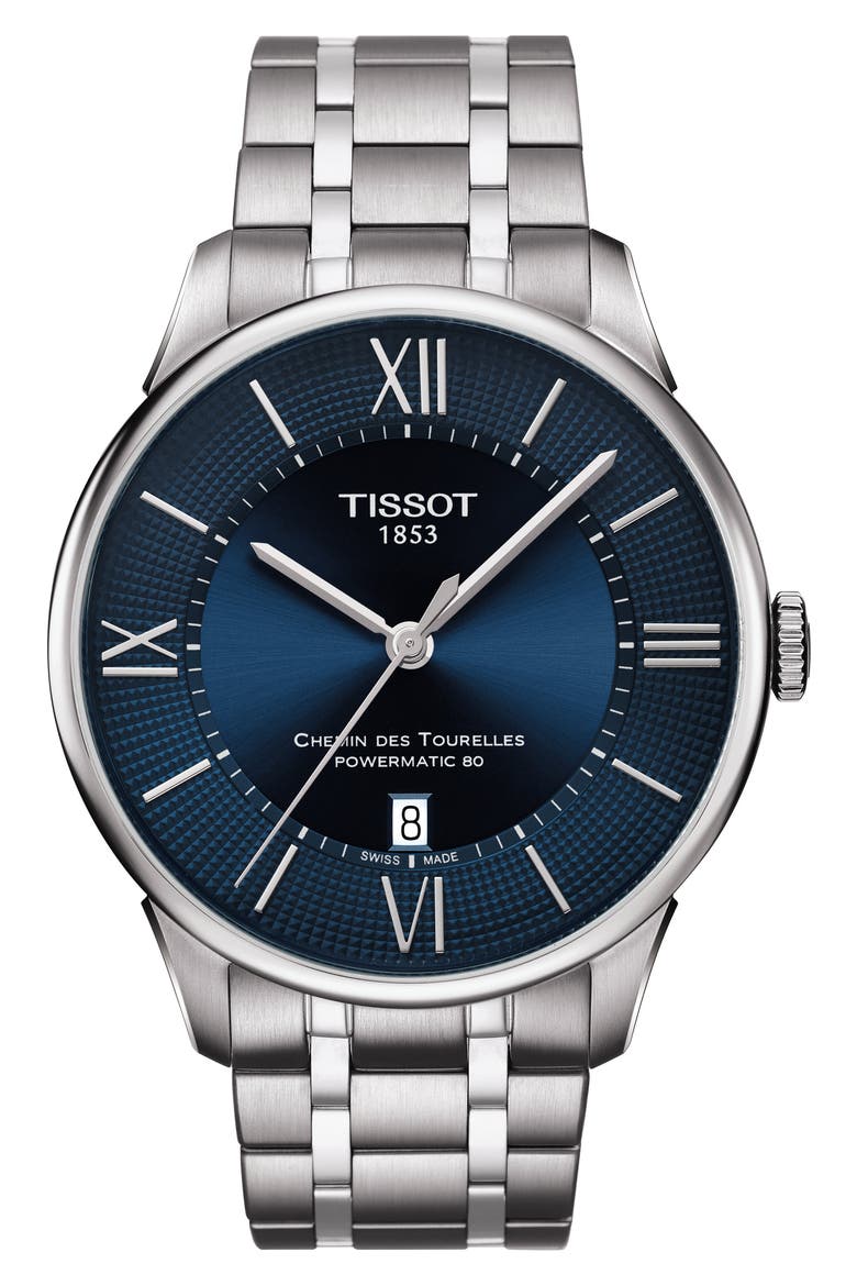 T-Classic Chemin Des Tourelles Powermatic 80 Automatic Bracelet Watch, 42mm, Main, color, SILVER/ BLUE/ SILVER