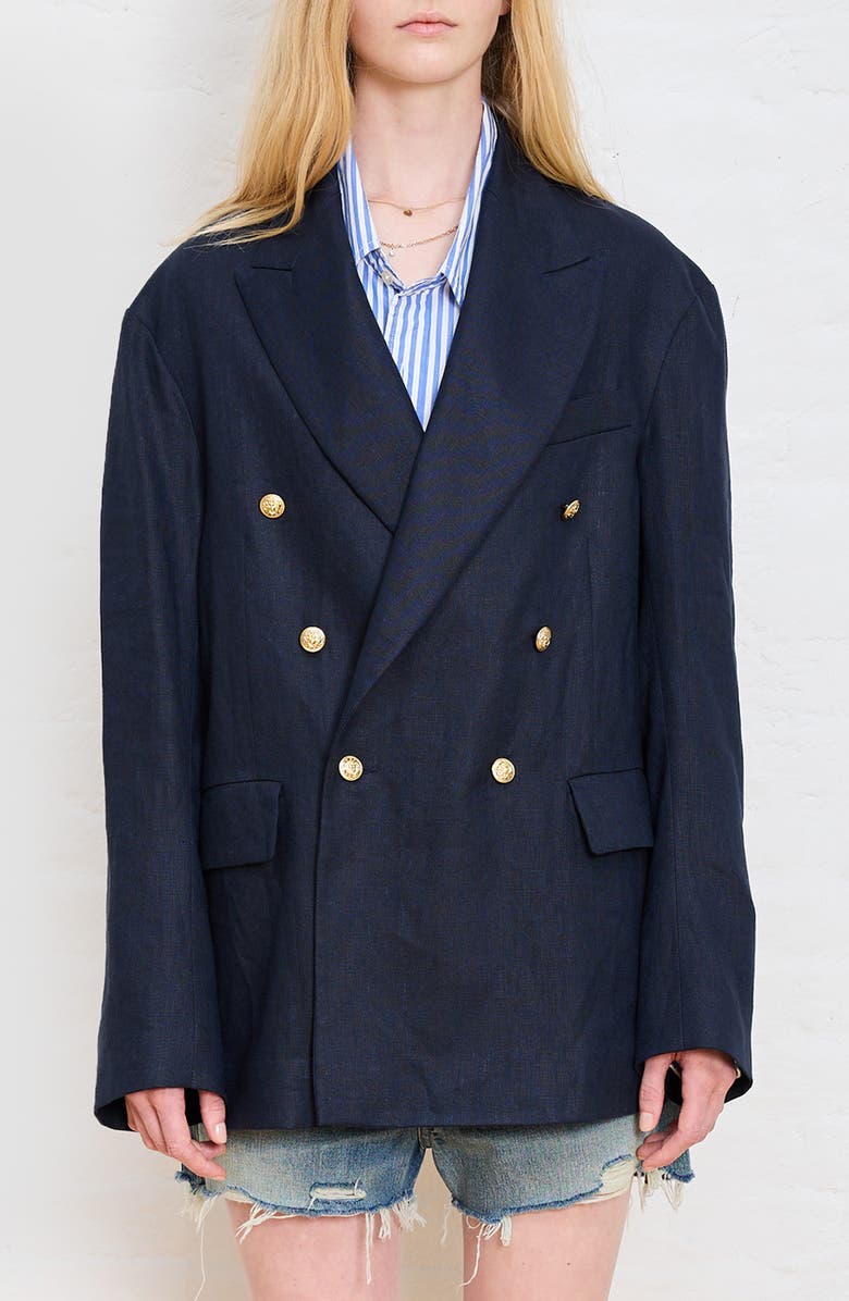 DENIMIST Peak Lapel Double Breasted Linen Blazer, Main, color, Navy Linen