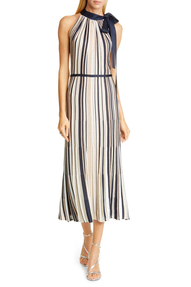 Metallic Stripe Knit Halter Sweater Dress, Main, color, NAVY/ ABALONE MULTI