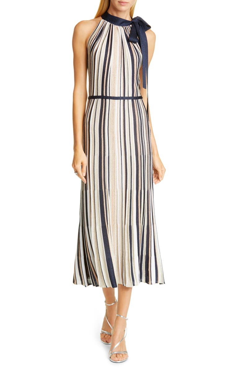 St. John Evening Metallic Stripe Knit Halter Sweater Dress, Main, color, 
