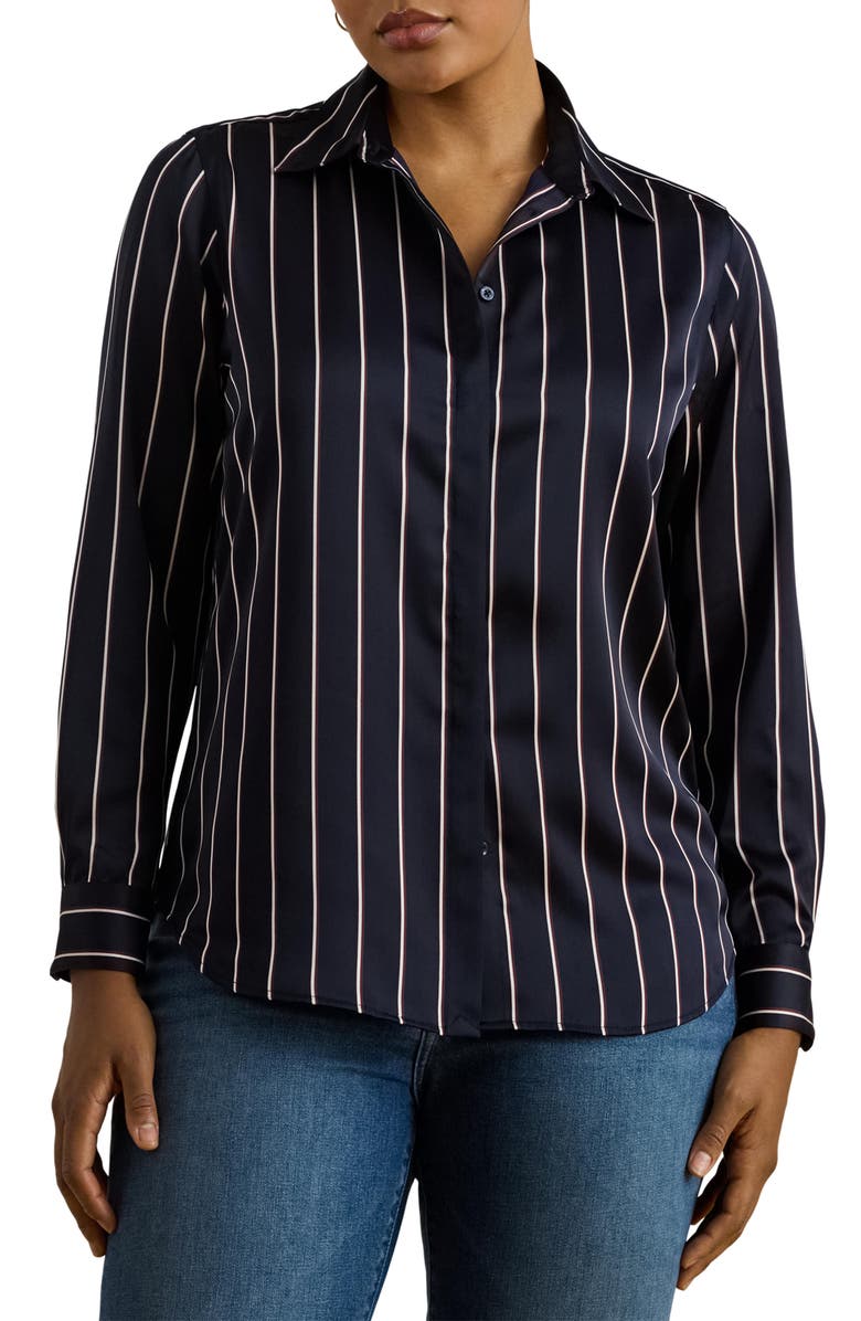 Lauren Ralph Lauren Classic Stripe Charmeuse Button-Up Shirt, Main, color, Navy/ Cream/ Garnet