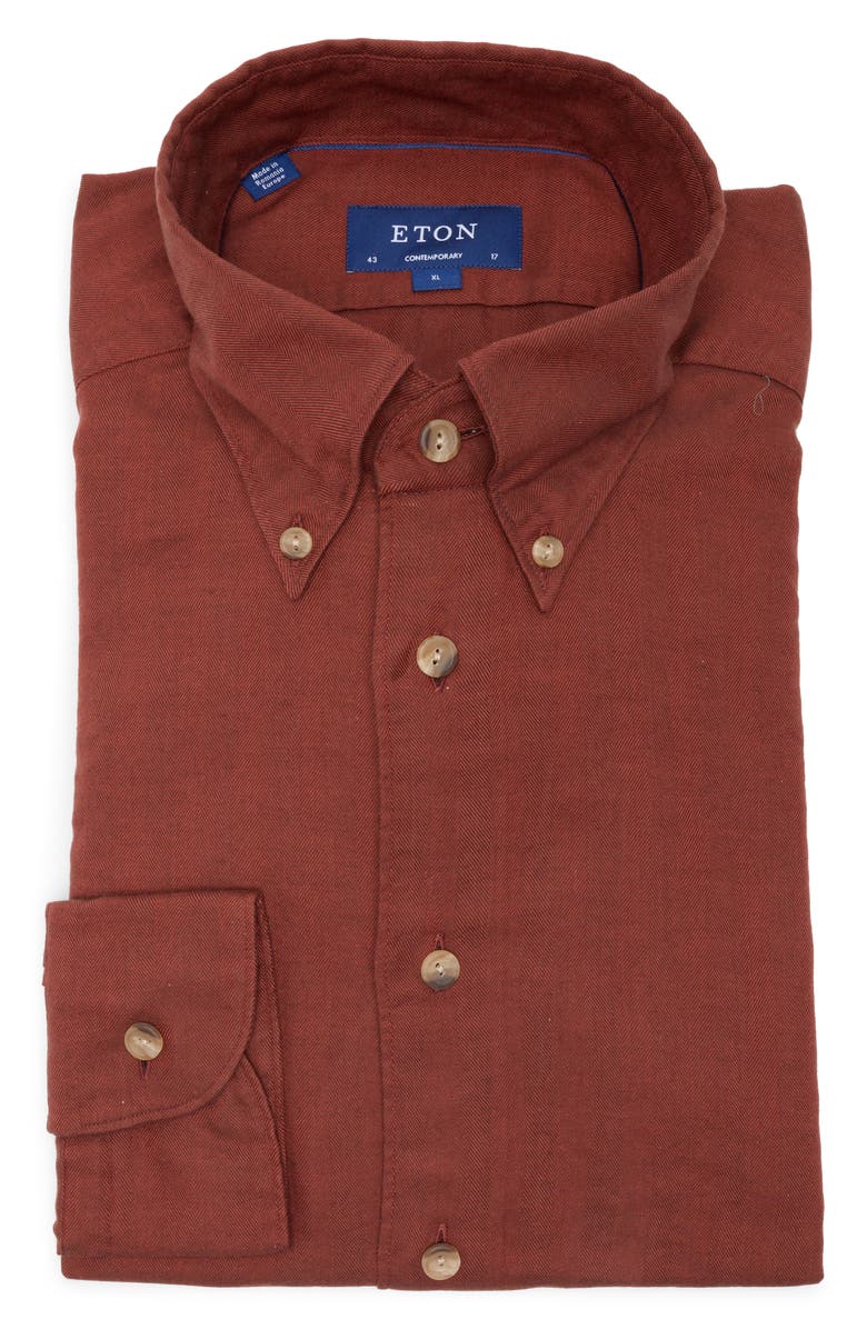 Eton Contemporary Fit Herringbone Flannel Cotton Stretch Shirt, Alternate, color,