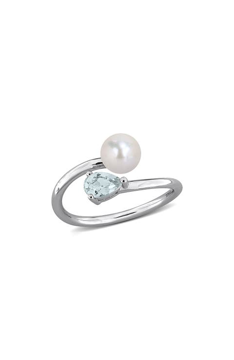 Cultured Pearl & Aquamarine Crossover Ring
