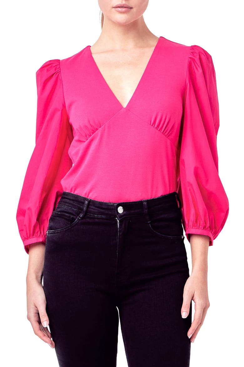 Balloon Sleeve Mixed Media Top, Main, color, MAGENTA