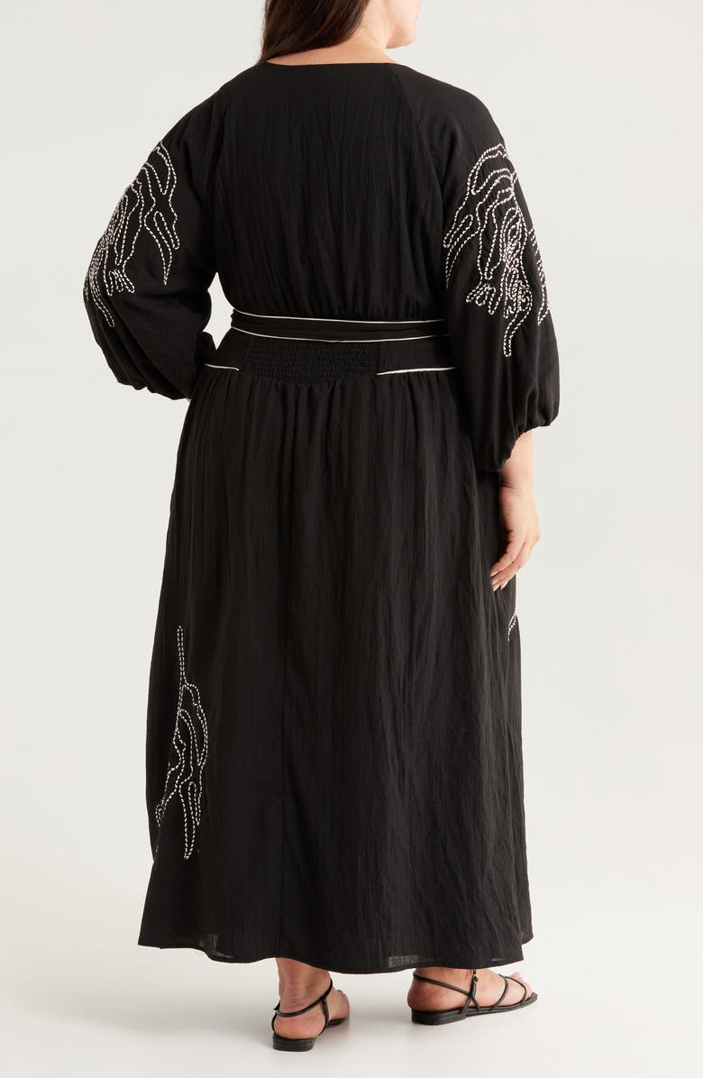 CIEBON Faye Embroidered Tie Waist Long Sleeve Maxi Dress, Alternate, color, Black