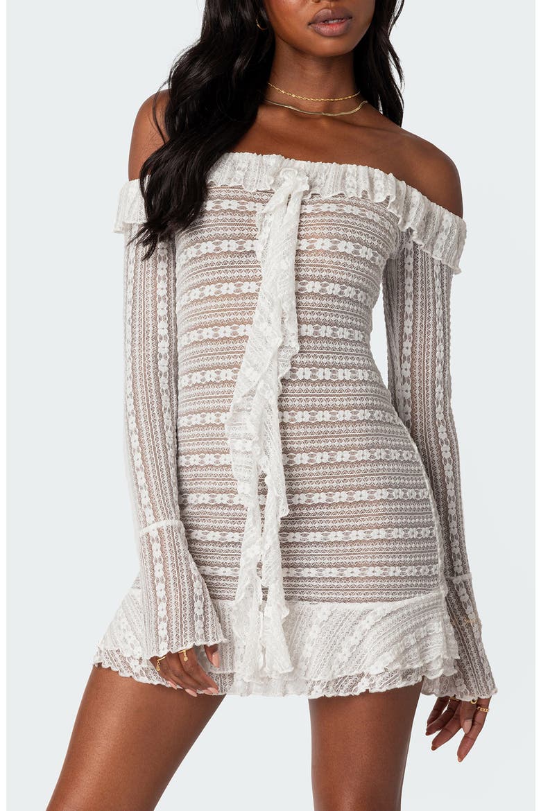Lace Ruffle Off the Shoulder Long Sleeve Minidress, Alternate, color, CREAM