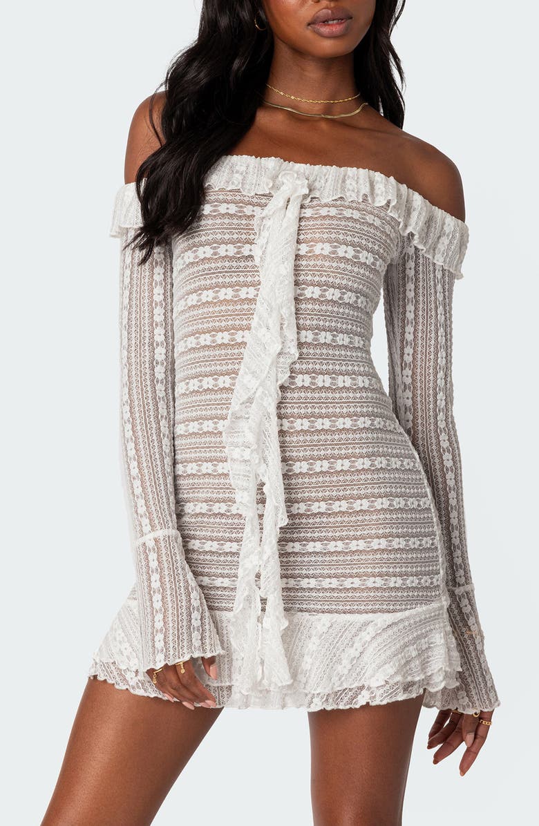 EDIKTED Lace Ruffle Off the Shoulder Long Sleeve Minidress, Alternate, color, 
