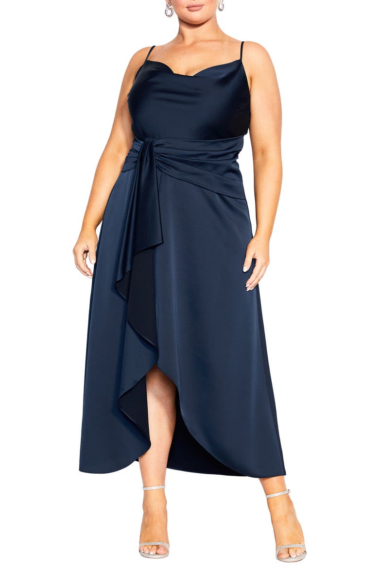 Simplicity Cowl Neck Satin Midi Dress, Main, color, NAVY