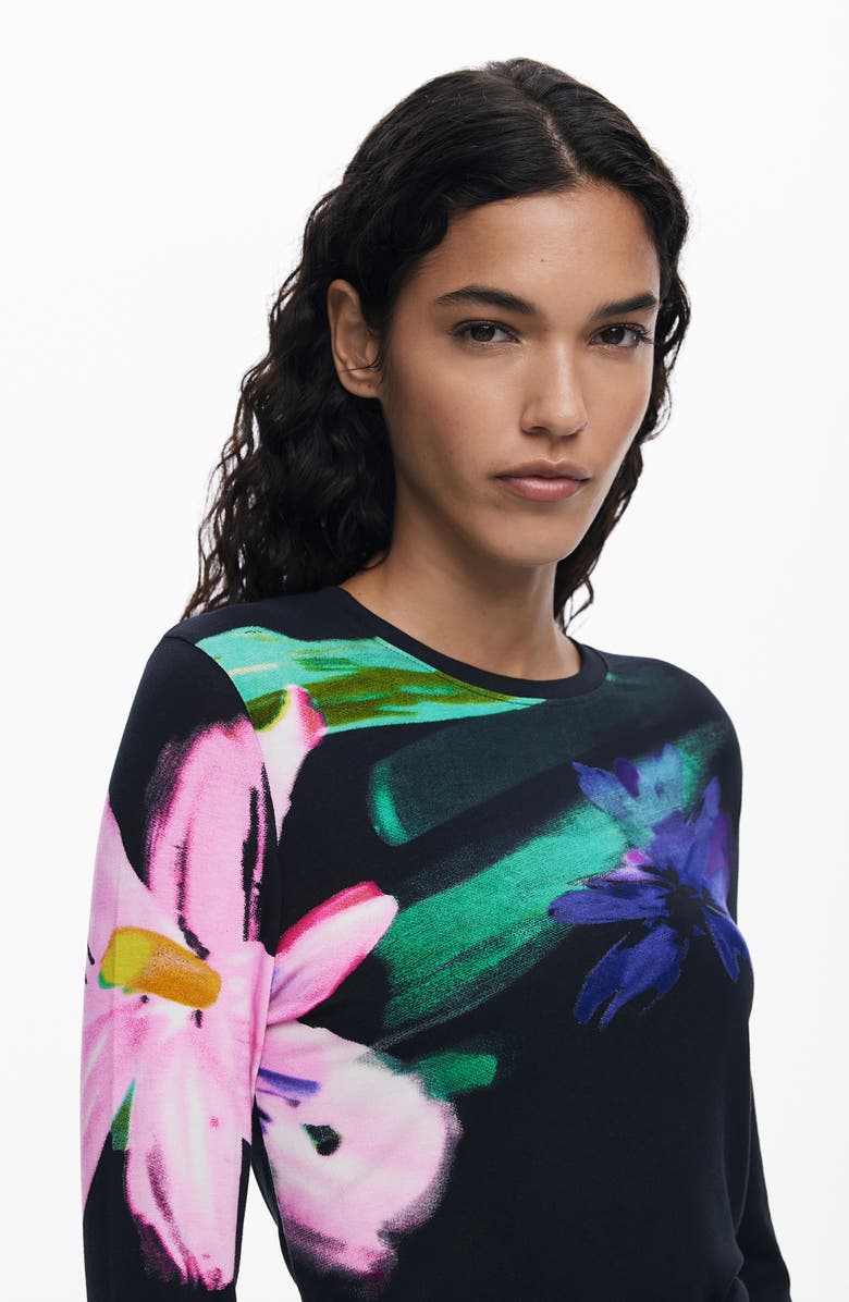 Desigual Floral Fine Gauge Crewneck Sweater, Alternate, color, Black