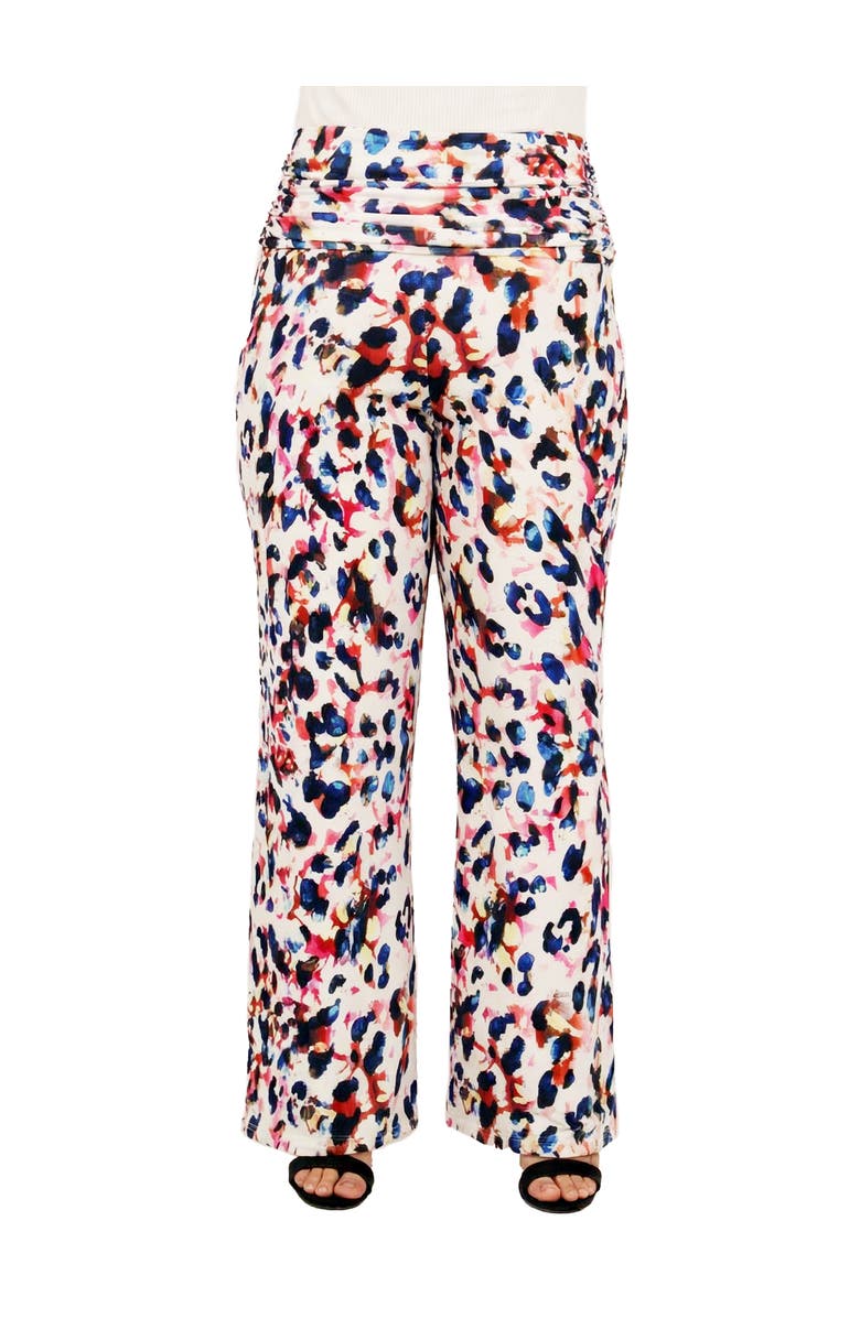 24seven Comfort Apparel Curvy Essential Cheetah Print Foldover Waist Wide Leg Pants, Main, color, White Multi