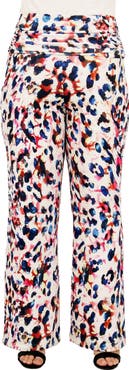 24seven Comfort Apparel Curvy Essential Cheetah Print Foldover Waist Wide Leg Pants