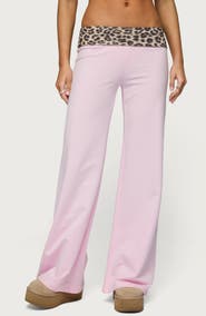 EDIKTED Leopard Print Foldover Waist Wide Leg Pants