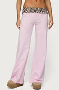 EDIKTED Leopard Print Foldover Waist Wide Leg Pants