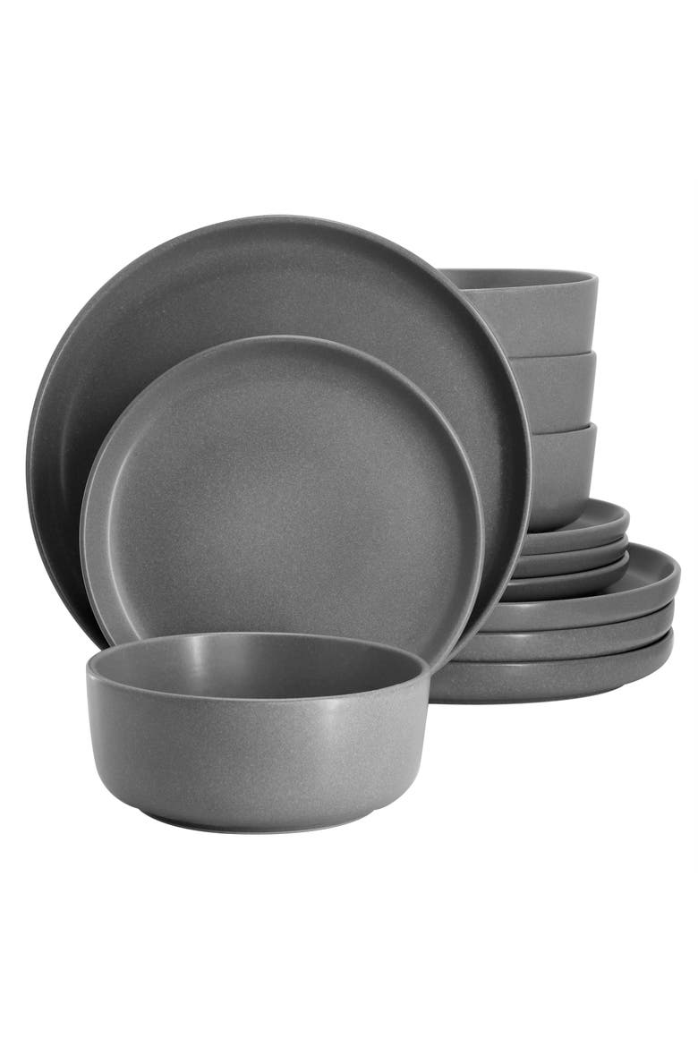 Bryant Park 12 Piece Reactive Stoneware Dinnerware Set, Main, color, Grey