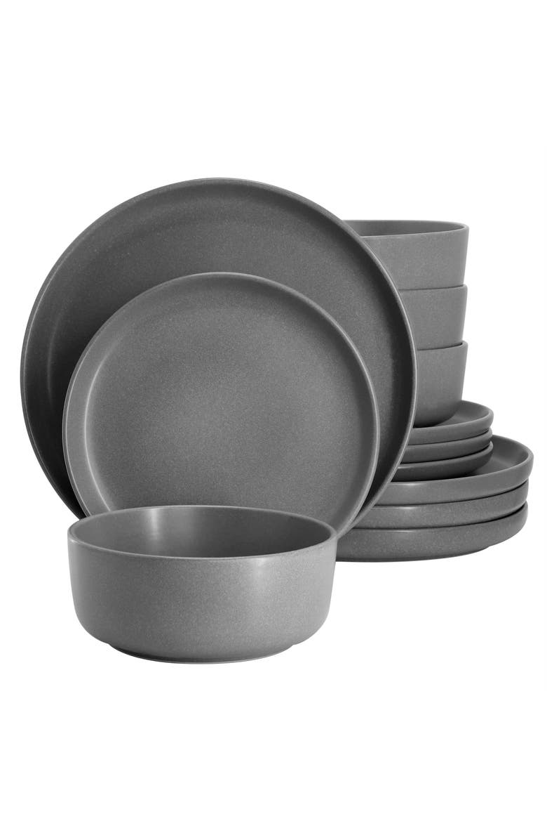 Soho Lounge Bryant Park 12 Piece Reactive Stoneware Dinnerware Set, Main, color, Grey