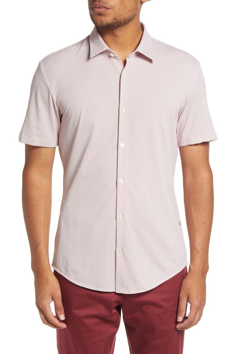 Ronn Slim Fit Geo Print Short Sleeve Button-Up Shirt, Main, color, DARK RED