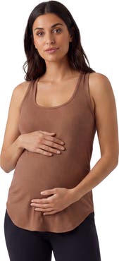 24seven Comfort Apparel Maternity Basic Ribbed Knit Sleeveless Scoop Neck Long Flared Tank Top